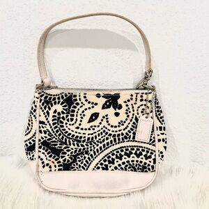 COACH Vintage Black & White Paisley Print Canvas and Leather Mini Wristlet